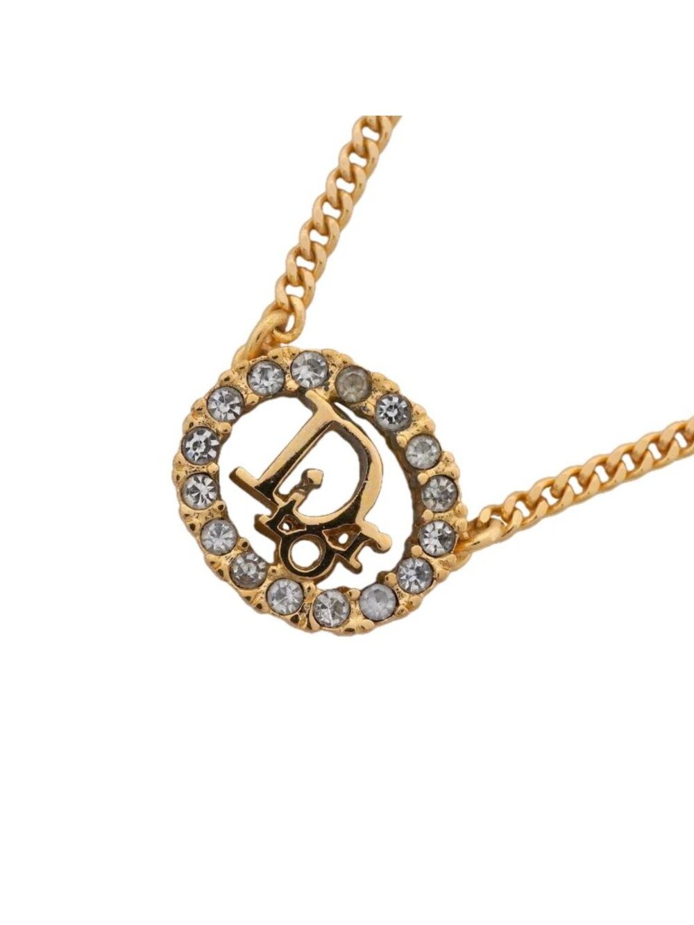 Dior Necklace Logo Oval Gold Plated Rhinestone
